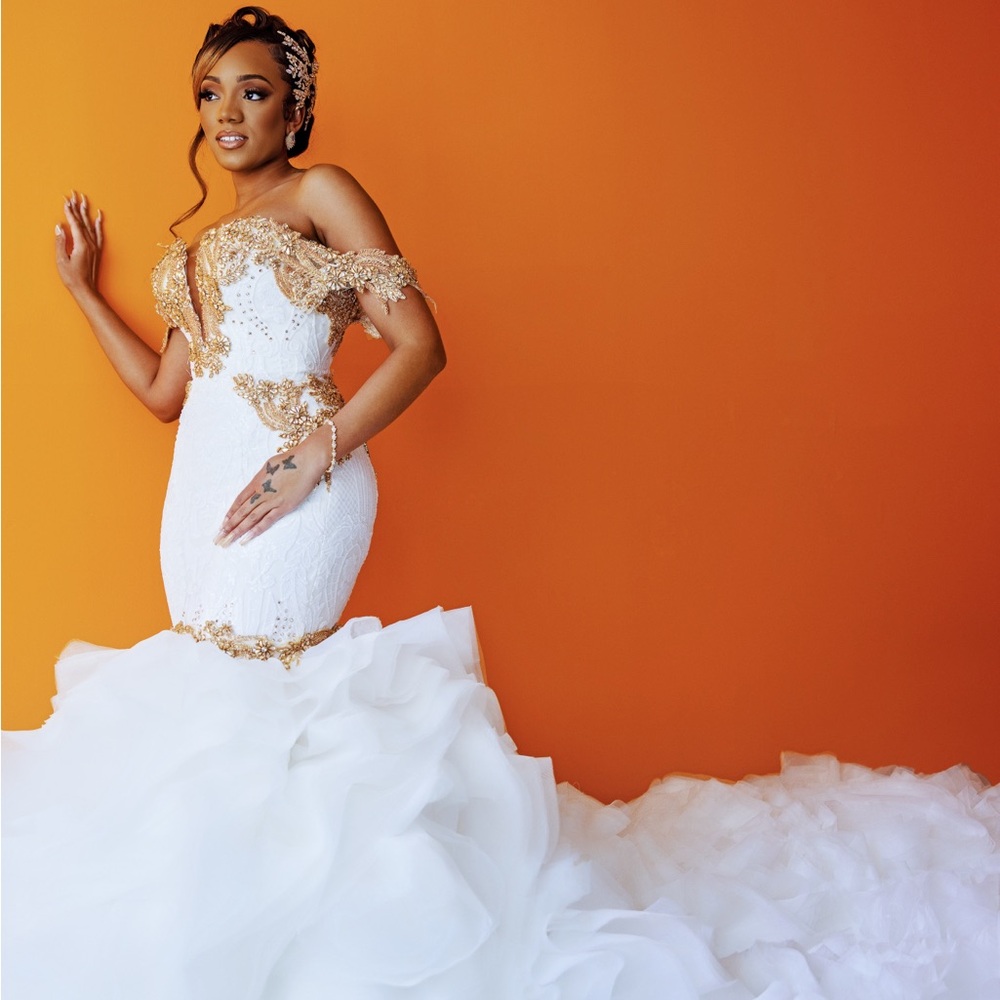 Elegant White and Gold Wedding Dress